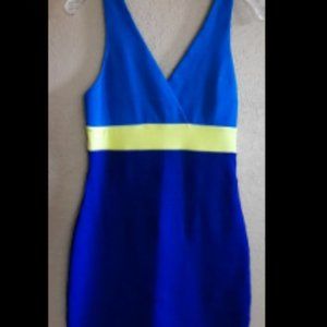 Cobalt Blue, Aqua, Yellow  Sleeveless V-Neck Stretch Dress by Express Sz S- NWOT